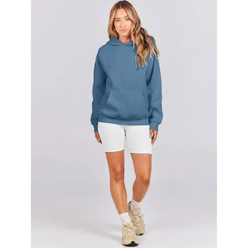 Women Deep Blue Hoodies Oversized Fleece Long Sleeve Comfy Casual Sweatshirts - Picture 6 of 9